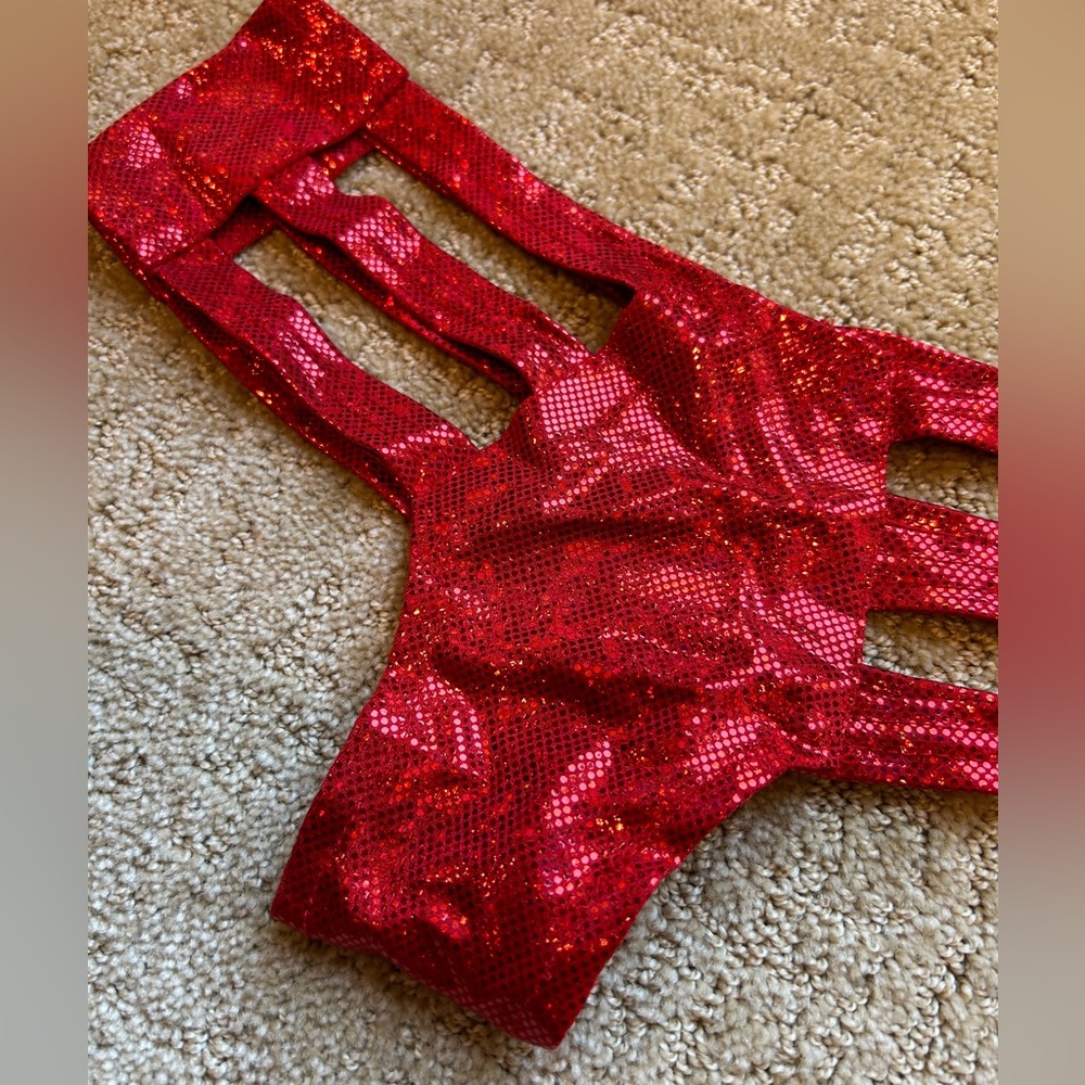 Red Sparkle Rave Cut Out Booty Shorts - Picture 2 of 2